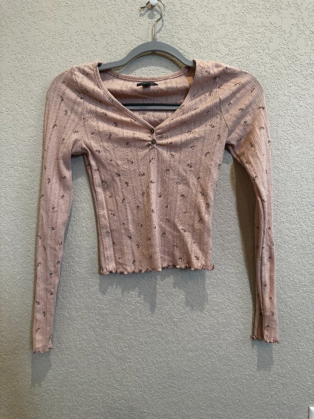 Pink Floral Pointelle Henley Long Sleeve Top Y2K Coquette